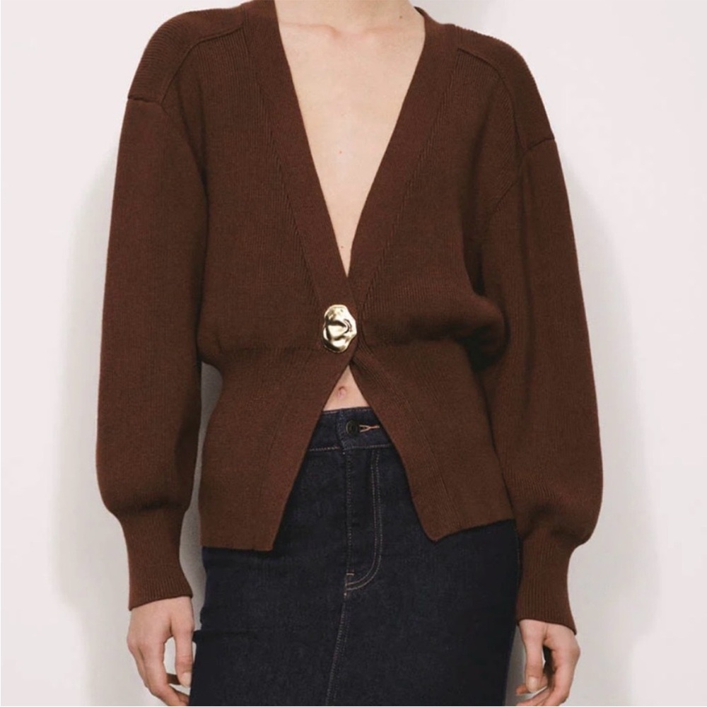 Women's Deep V-Neck Brown Cardigan Sweater with Statement Button